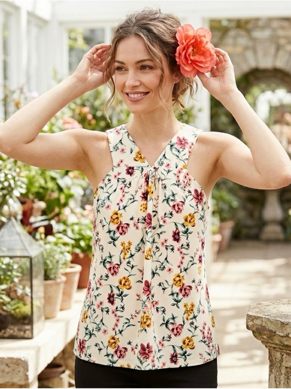 White House Black Market Women’s Sleeveless Floral V-Neck Sleeveless Top Size M